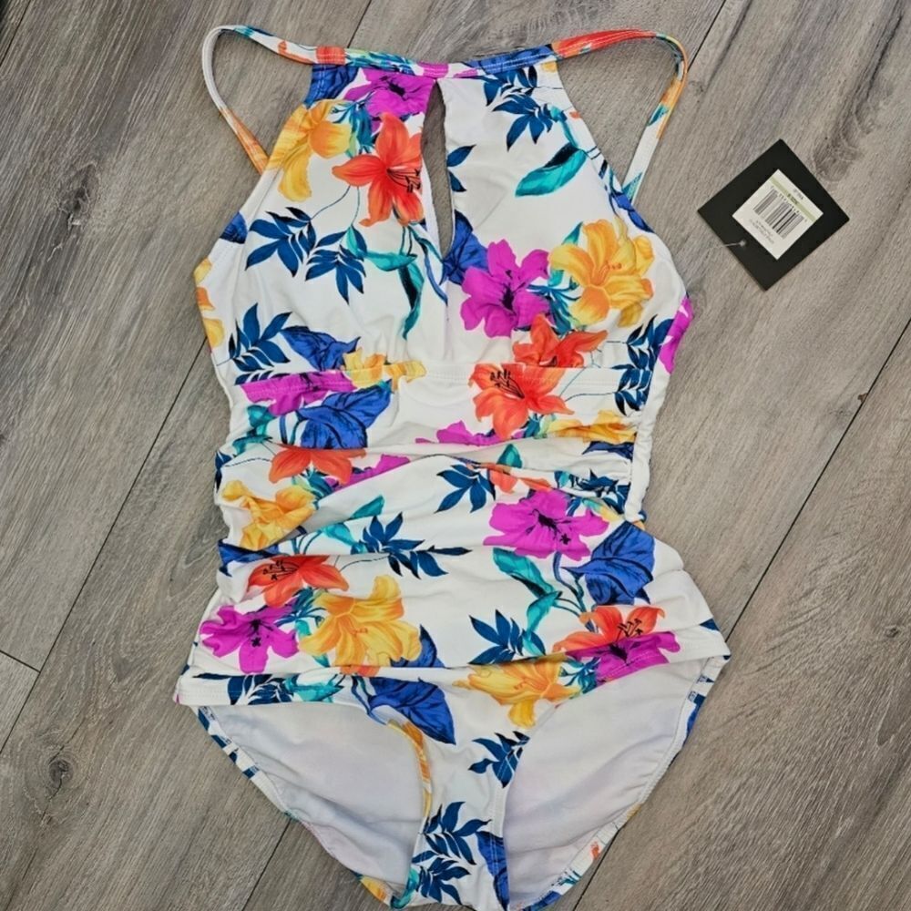 Ellen Tracy Women's  Floral Print High Neck Key hole One Piece Swimsuit size 6